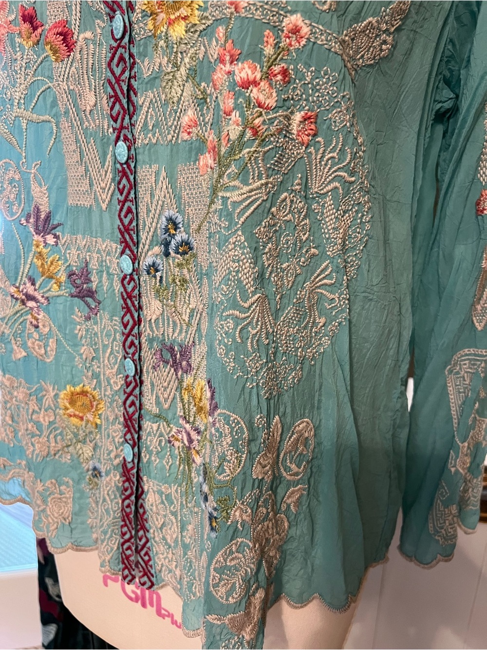 Johnny Was Embroidered silk Turquoise Floral Button-Front Women's Top - Picture 6 of 16